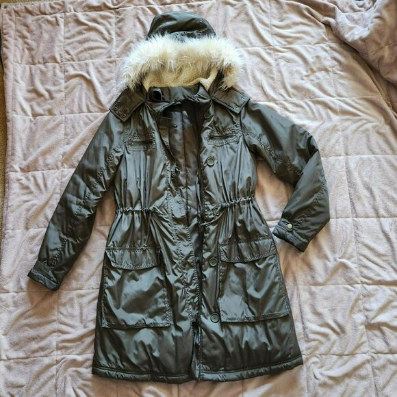 H&M Coat Olive Green Fur Hooded Puffer Parka Jacket Size S Vintage Y2k - Picture 4 of 8